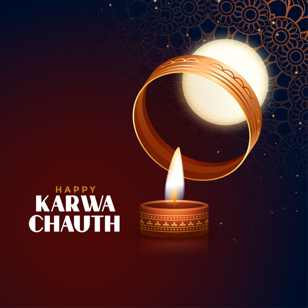 happy karwa chauth festival card with full moon and diya